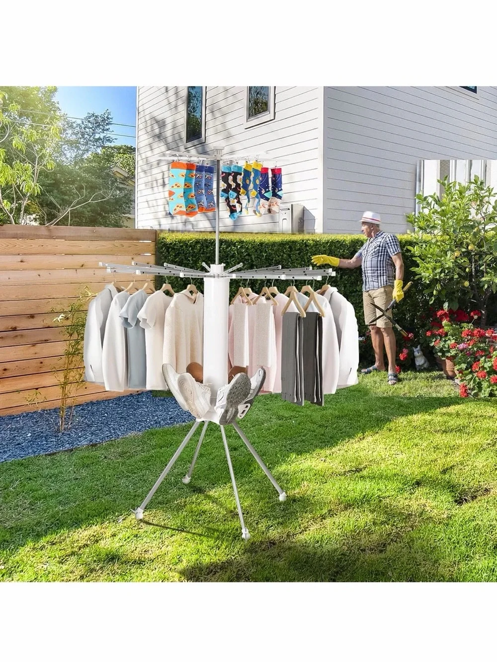 Adjustable Versatile Rotating Clothes Drying Rack w 20 Clips & Shoe👟Holding